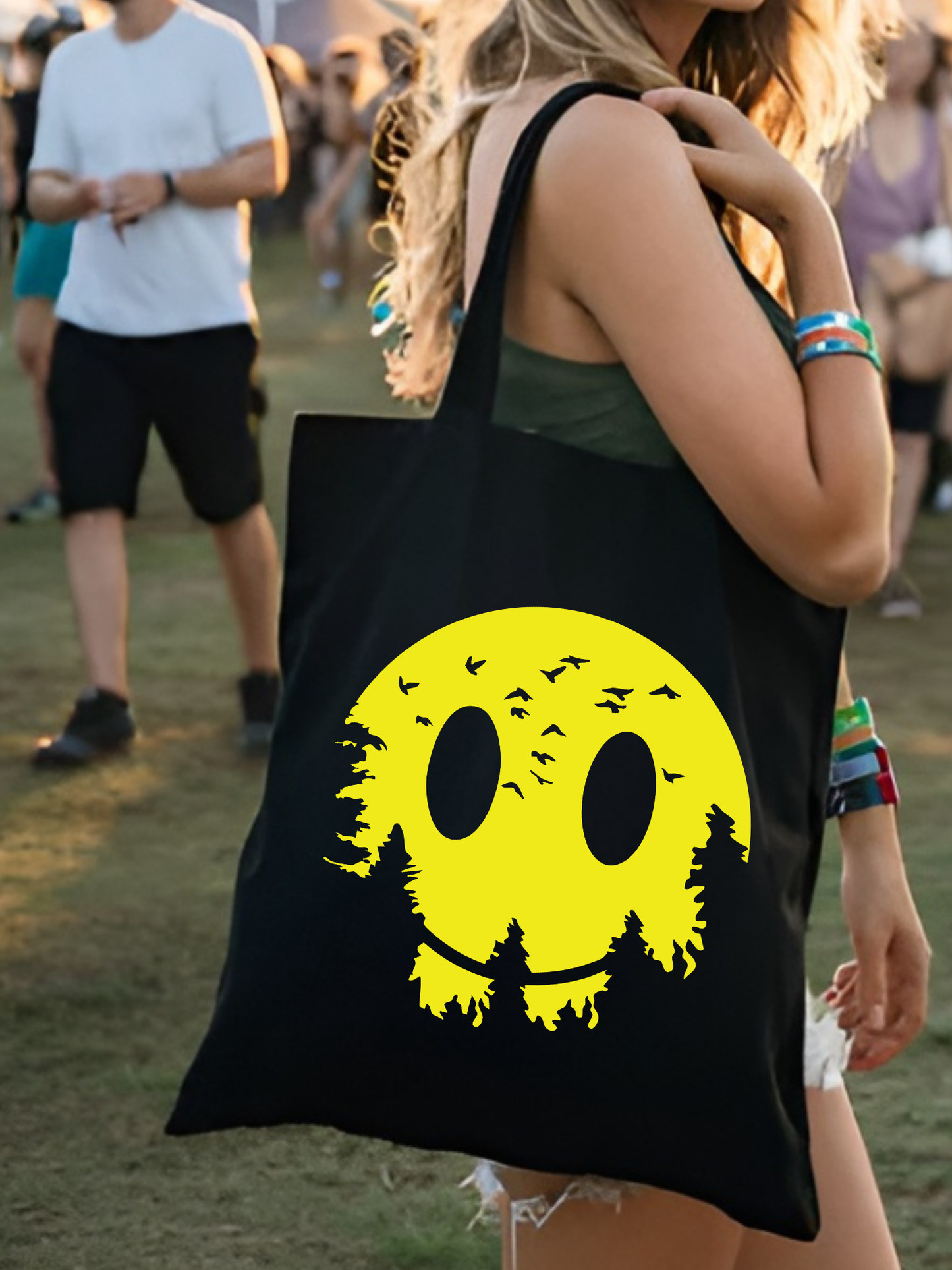 Yellow Smile Design Y2k tote bag, Siyah Kalın Kanvas Y2K Bez Çanta, Omuz Çanta, Tote Bag