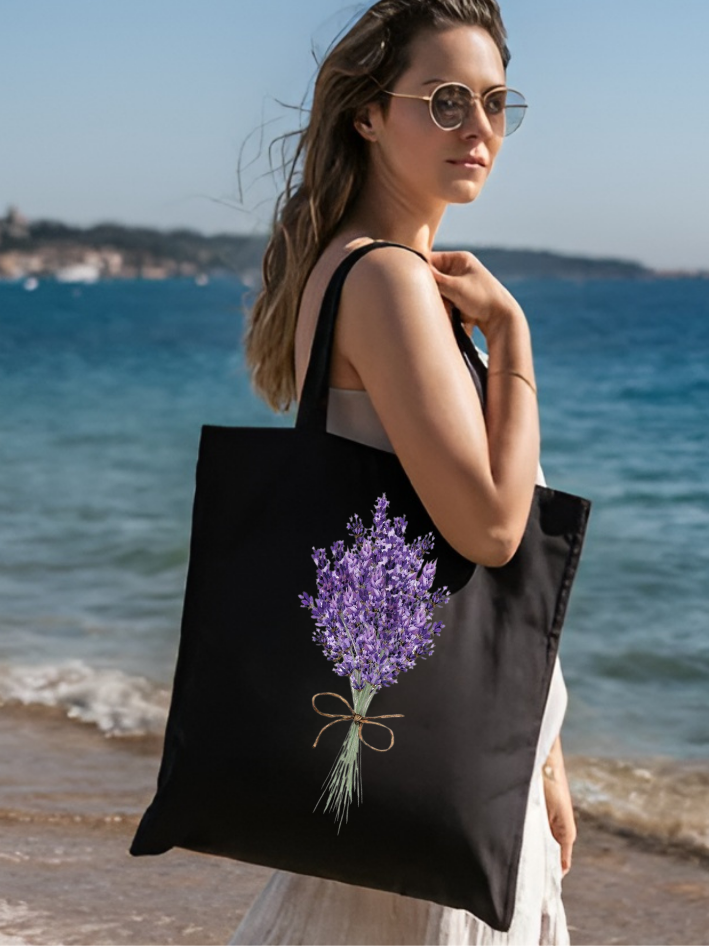 Siyah Kanvas Kalın Lavanta Tasarım Lavender, Tote Bag, Bez Çanta, Kanvas Çanta, Shopper Bag