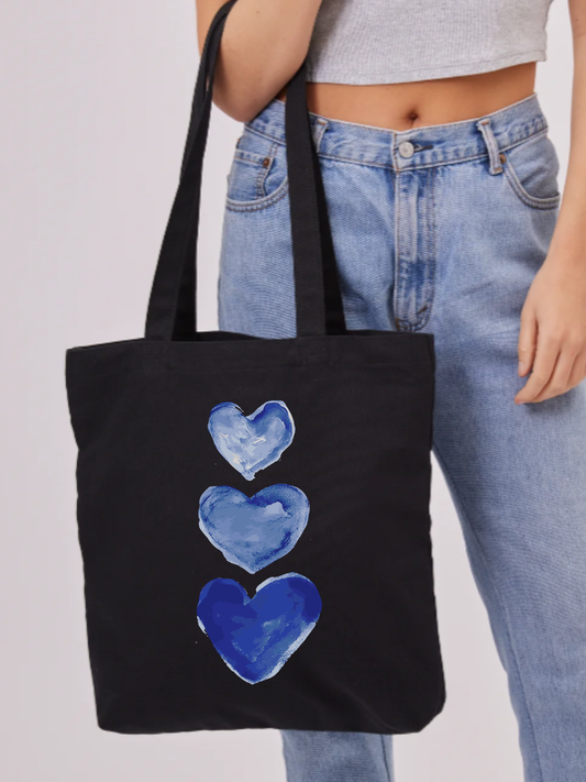 Mavi Kalp Siyah Kanvas Bez Çanta