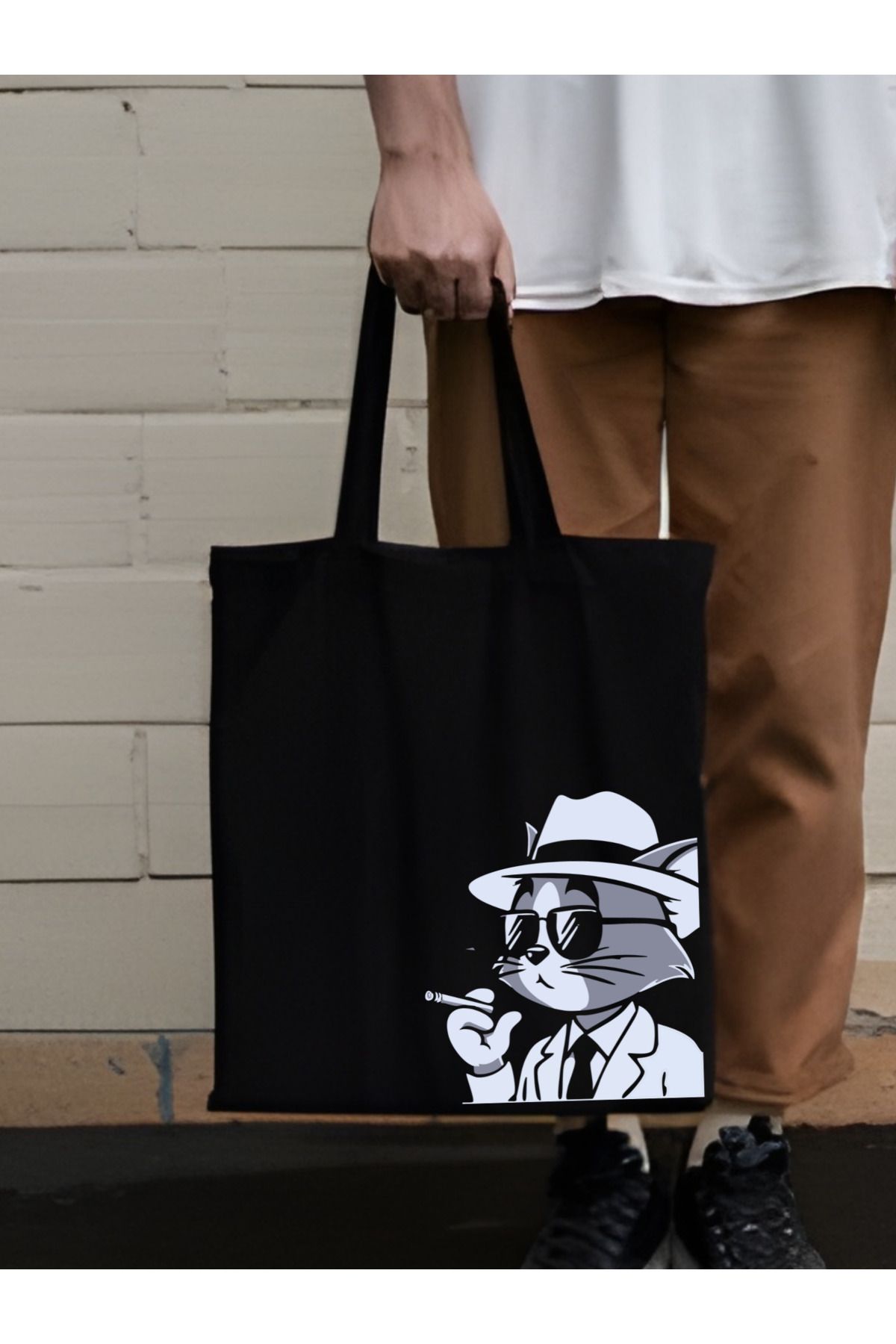 Smoke Cat Tasarım Siyah Kalın Kanvas Bez Çanta, Omuz Çanta, Tote Bag, Unisex Sokak Tarzı