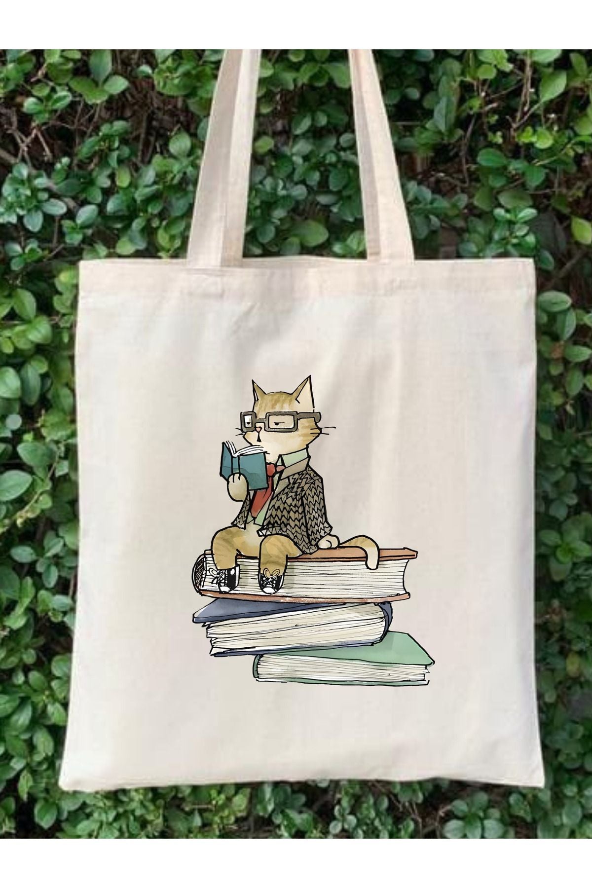 Kedi ve Kitap Tasarım Ham Bez Tote Bag Çanta Omuz Çantası