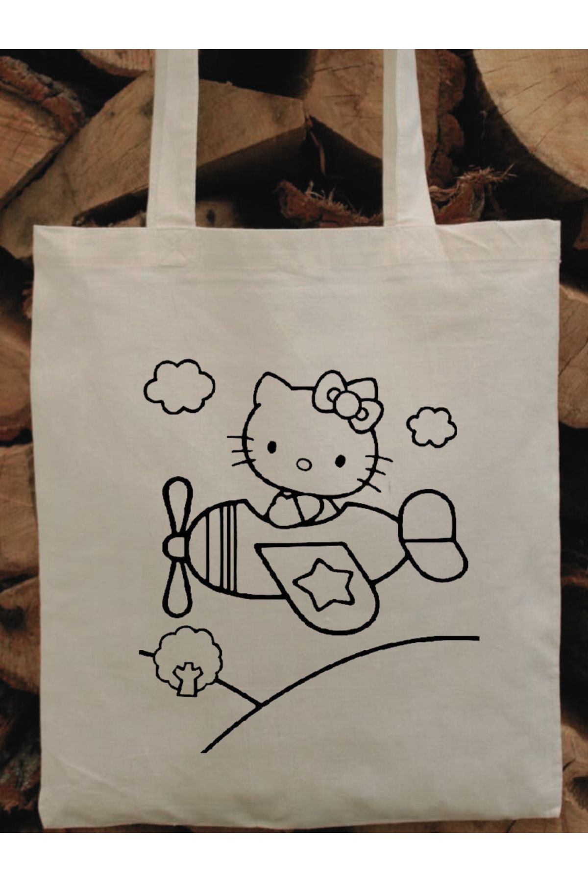 Hello Kitty Uçaklı Boyama Çantası, Boyama Bez Çanta Tote Bag