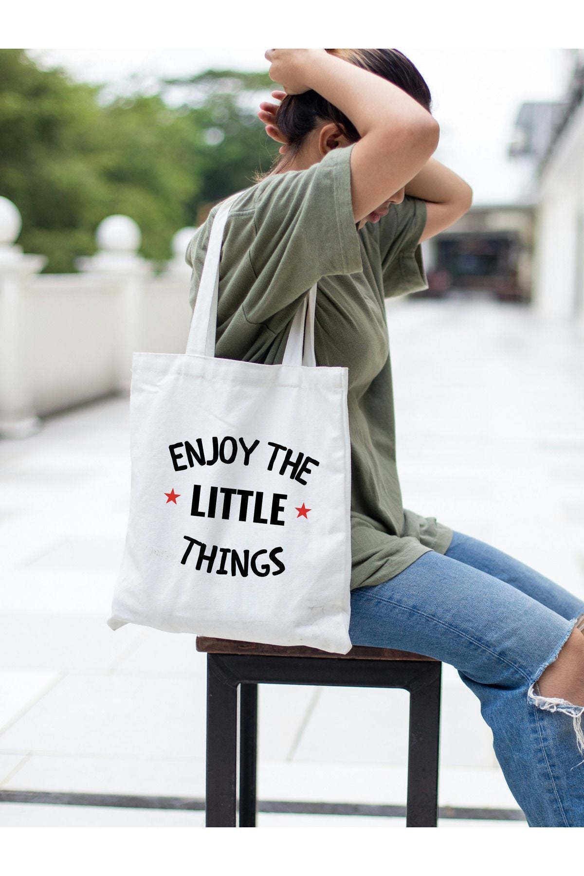 Enjoy The Little Tasarım Kalın Beyaz Su Geçirmez Kanvas Tote Bag, Bez Çanta, Shopper Bag