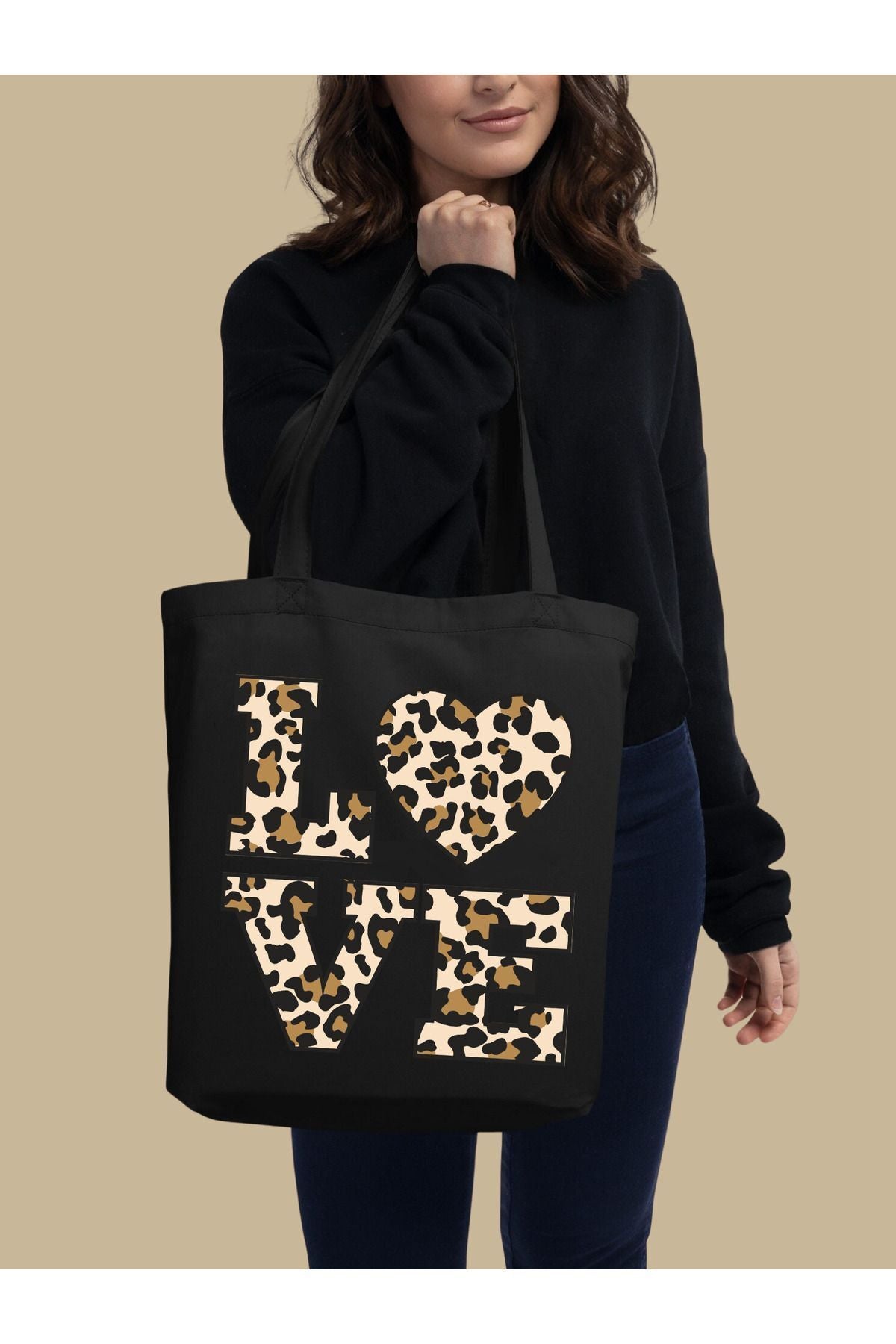 Leopar Love Siyah Kanvas Kalın Tote Bag, Shopper Bag, Omuz Çantası, Leopar Çanta