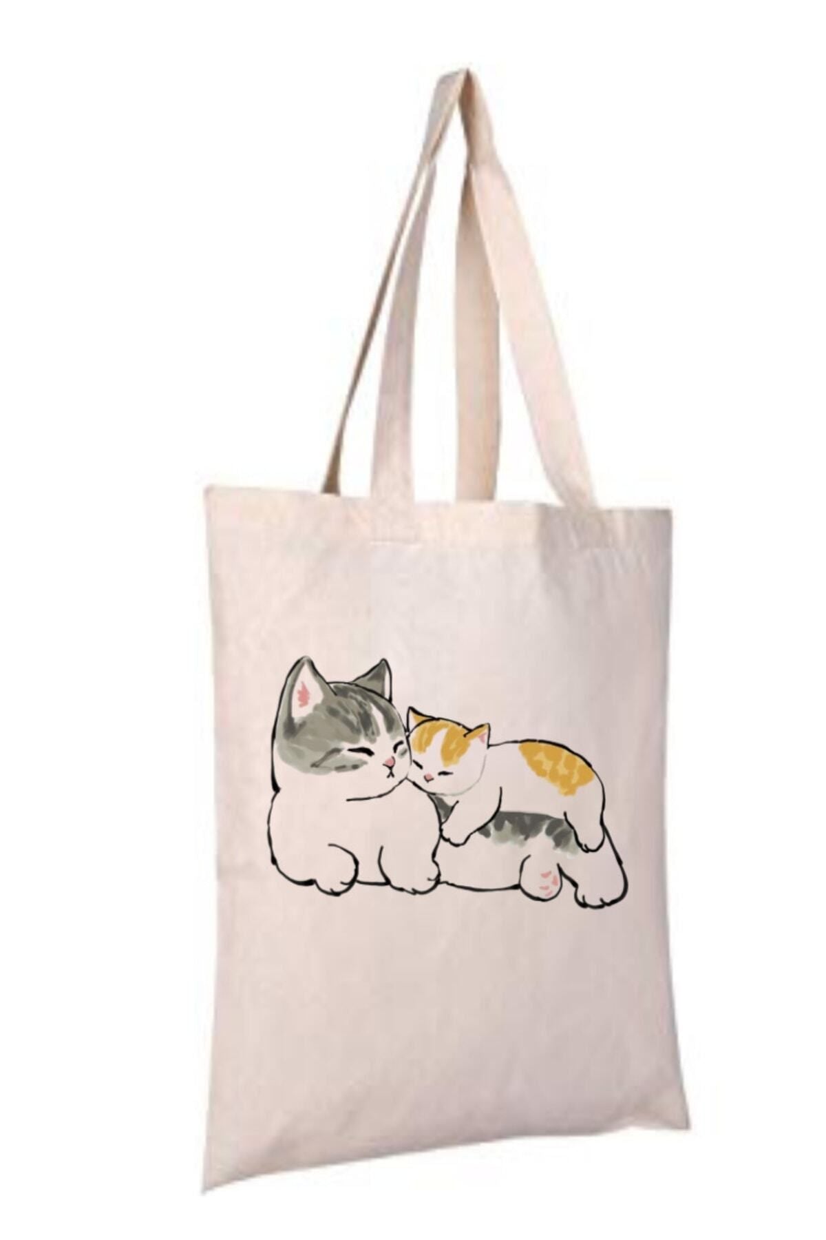 Anne Ve Bebek Kedi Anne Hediye Tote Bag Bez Çanta