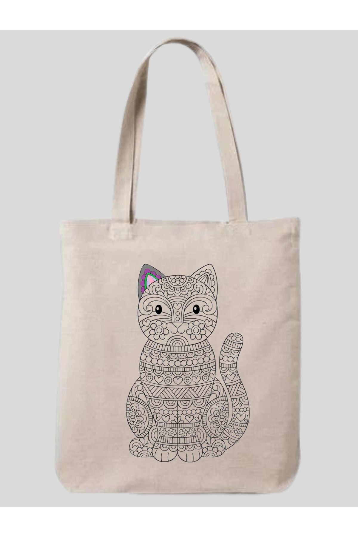 Mandala Kedi Boyama Çantası Hobi 35*40 cm Ham Bez Çanta Boyama