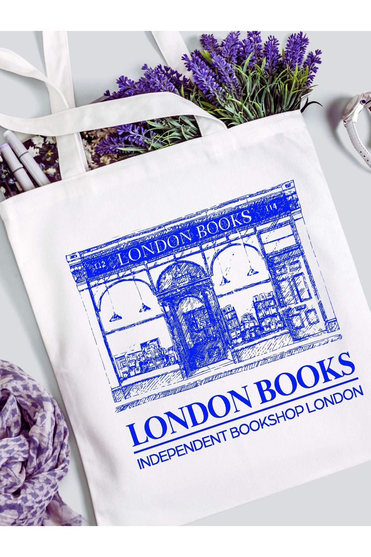 London Books, Bookshop Kalın Beyaz Bez Çanta, Tote Bag, Shopper Bag, Omuz Çantası
