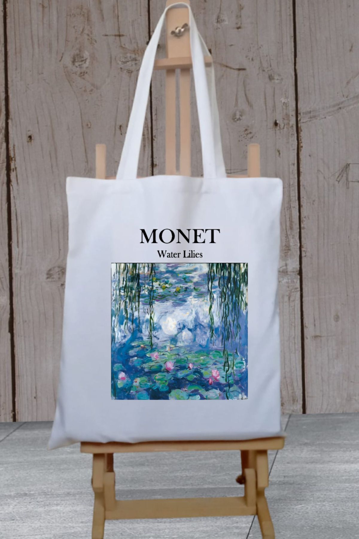 Monet - Zambaklar Baskılı Beyaz Kalın Su Geçirmez Kanvas Omuz Çantası Tote Bag