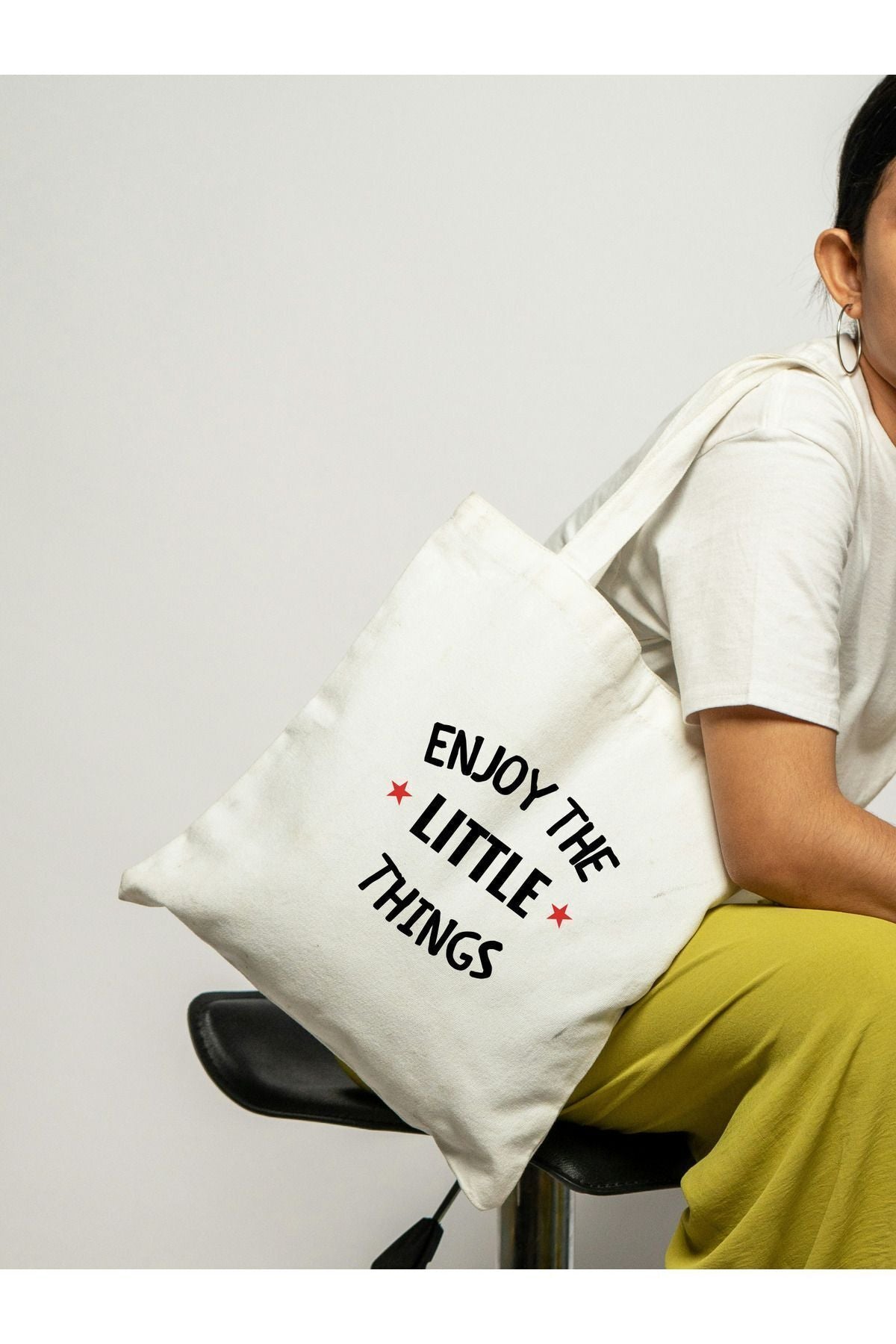 Enjoy The Little Tasarım Kalın Beyaz Su Geçirmez Kanvas Tote Bag, Bez Çanta, Shopper Bag