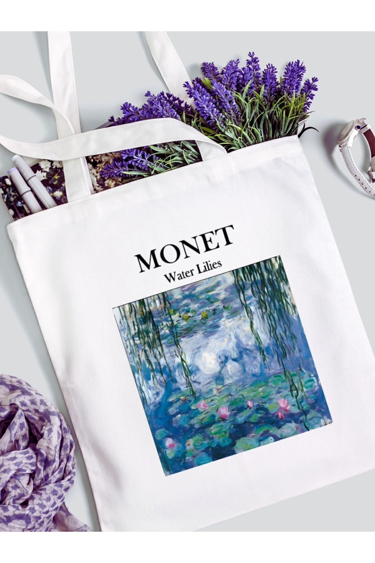 Monet - Zambaklar Baskılı Beyaz Kalın Su Geçirmez Kanvas Omuz Çantası Tote Bag