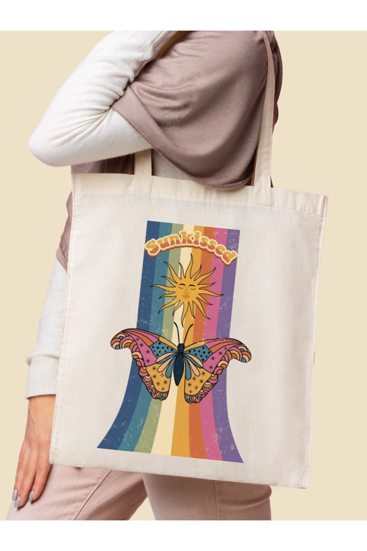 Sunkissed Kelebekli Tasarım Güneş Ham Bez Tote Bag Bez Çanta