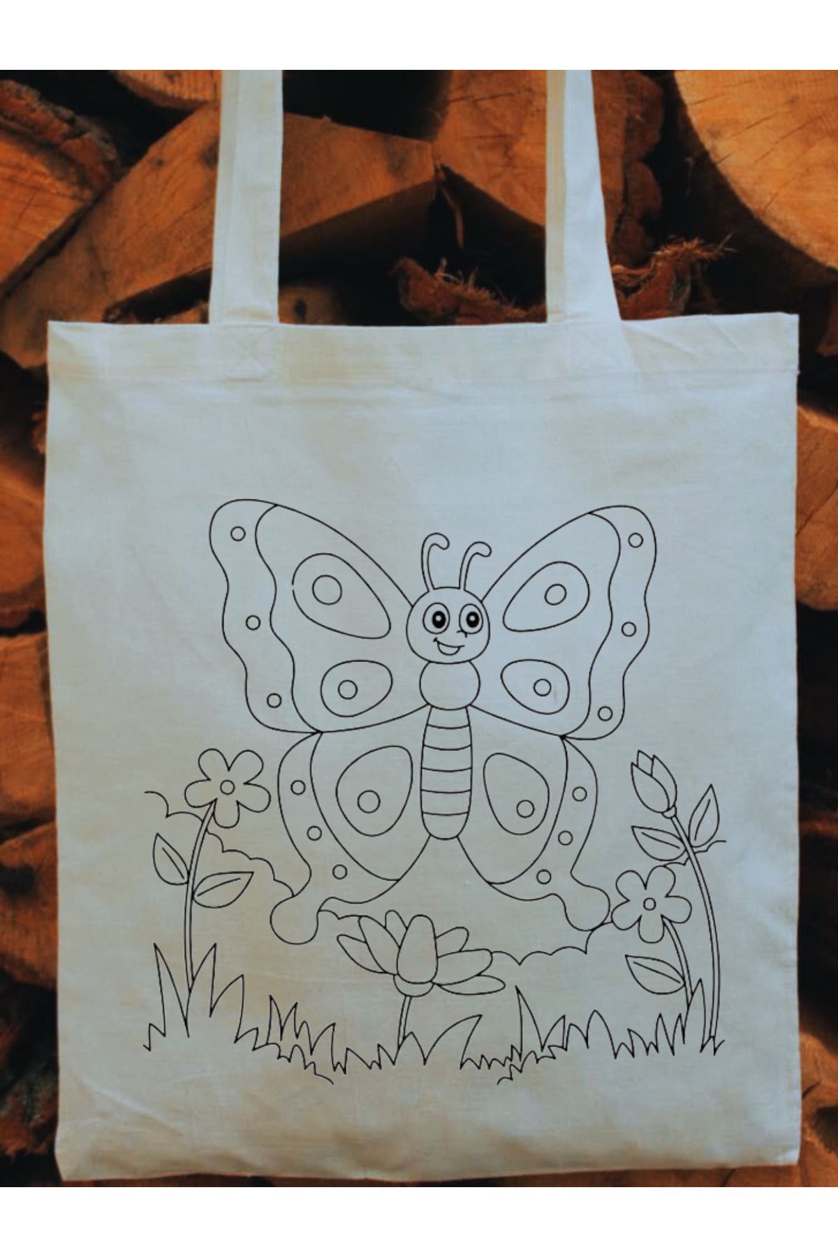 Kelebekli Çiçekli Çocuk Boyama Çantası, Anaokulu Boyama Bez Çanta Tote Bag