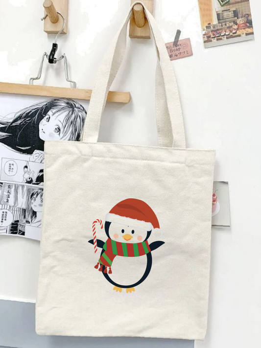 Noel Penguen Baskılı Yılbaşı Kalın Omuz Çantası – Christmas Gift Bag