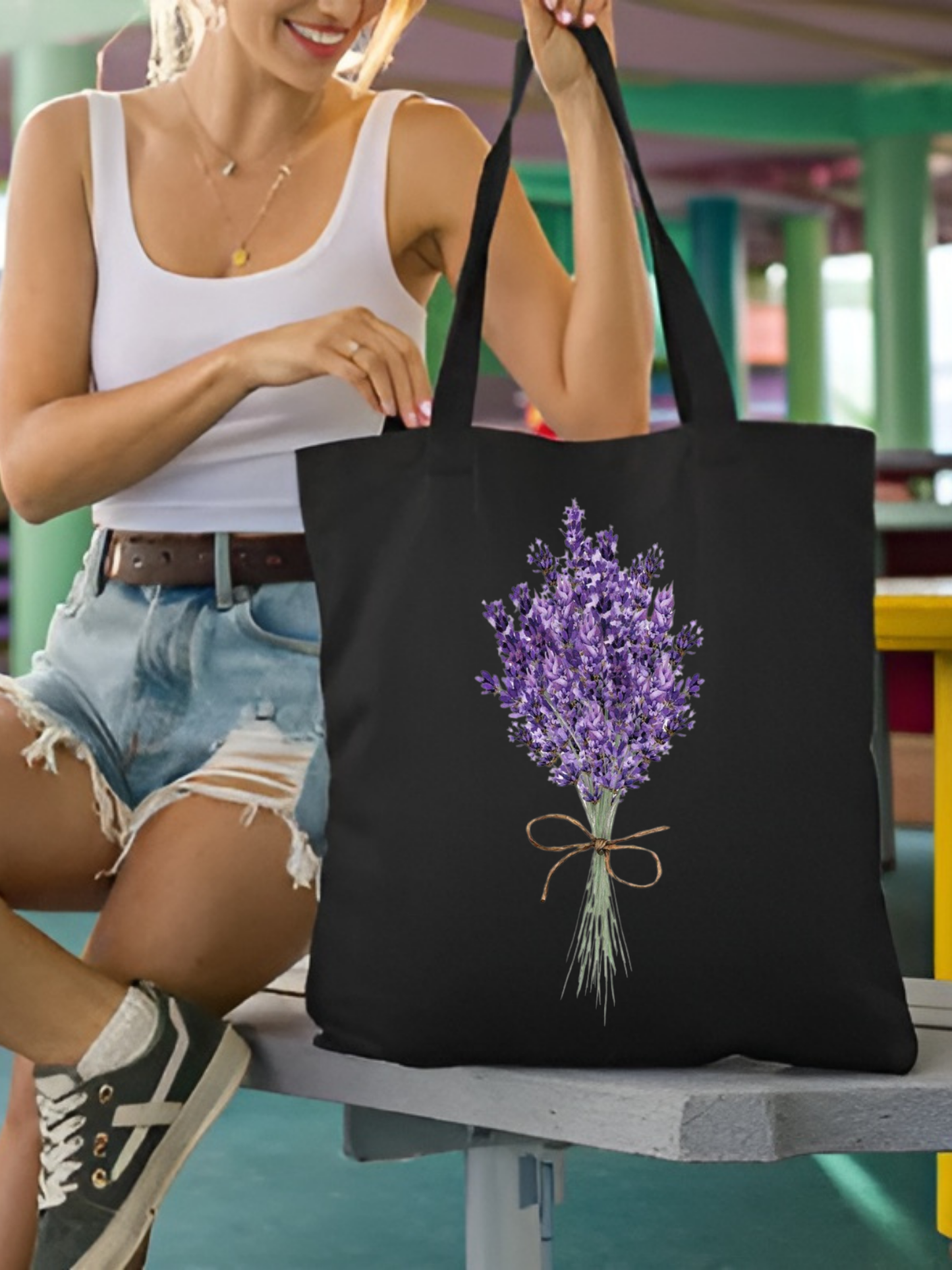Siyah Kanvas Kalın Lavanta Tasarım Lavender, Tote Bag, Bez Çanta, Kanvas Çanta, Shopper Bag