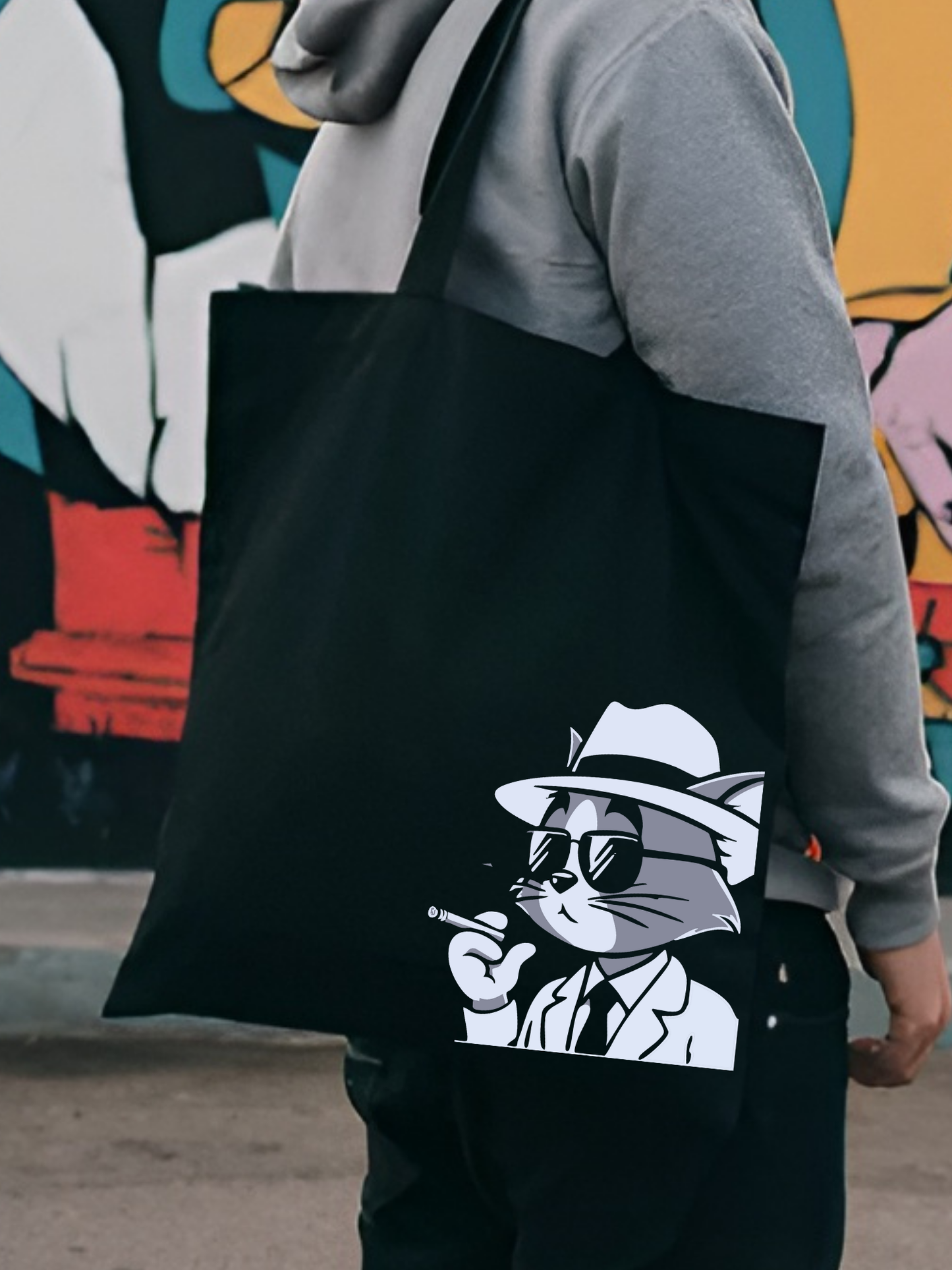 Smoke Cat Tasarım Siyah Kalın Kanvas Bez Çanta, Omuz Çanta, Tote Bag, Unisex Sokak Tarzı