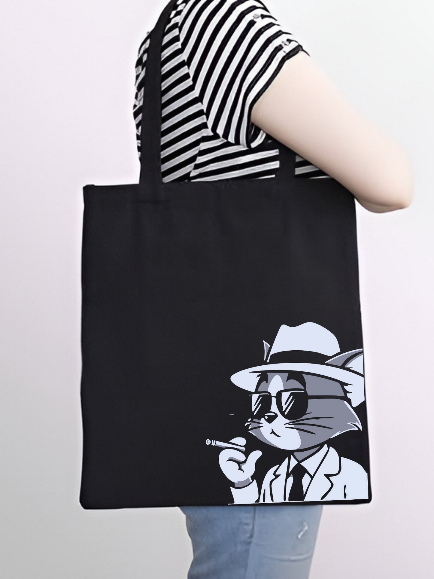 Smoke Cat Tasarım Siyah Kalın Kanvas Bez Çanta, Omuz Çanta, Tote Bag, Unisex Sokak Tarzı