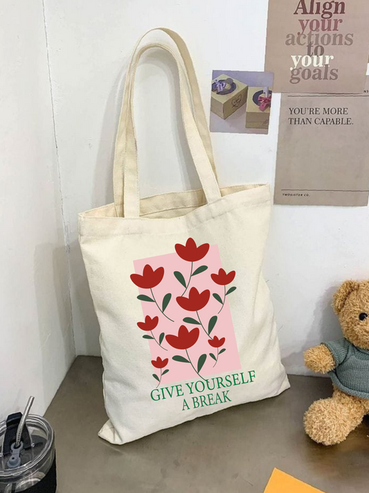 Give Yourself Break tasarımlı %100 pamuk ham bez çanta. 35x40 cm dayanıklı, çevre dostu, günlük kullanım ve hediye için ideal tote bag modeli.