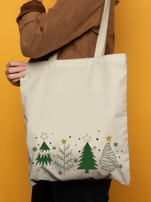 Ağaç Yılbaşı tasarımlı %100 pamuk ham bez çanta. 35x40 cm dayanıklı, çevre dostu, günlük kullanım ve hediye için ideal tote bag modeli.