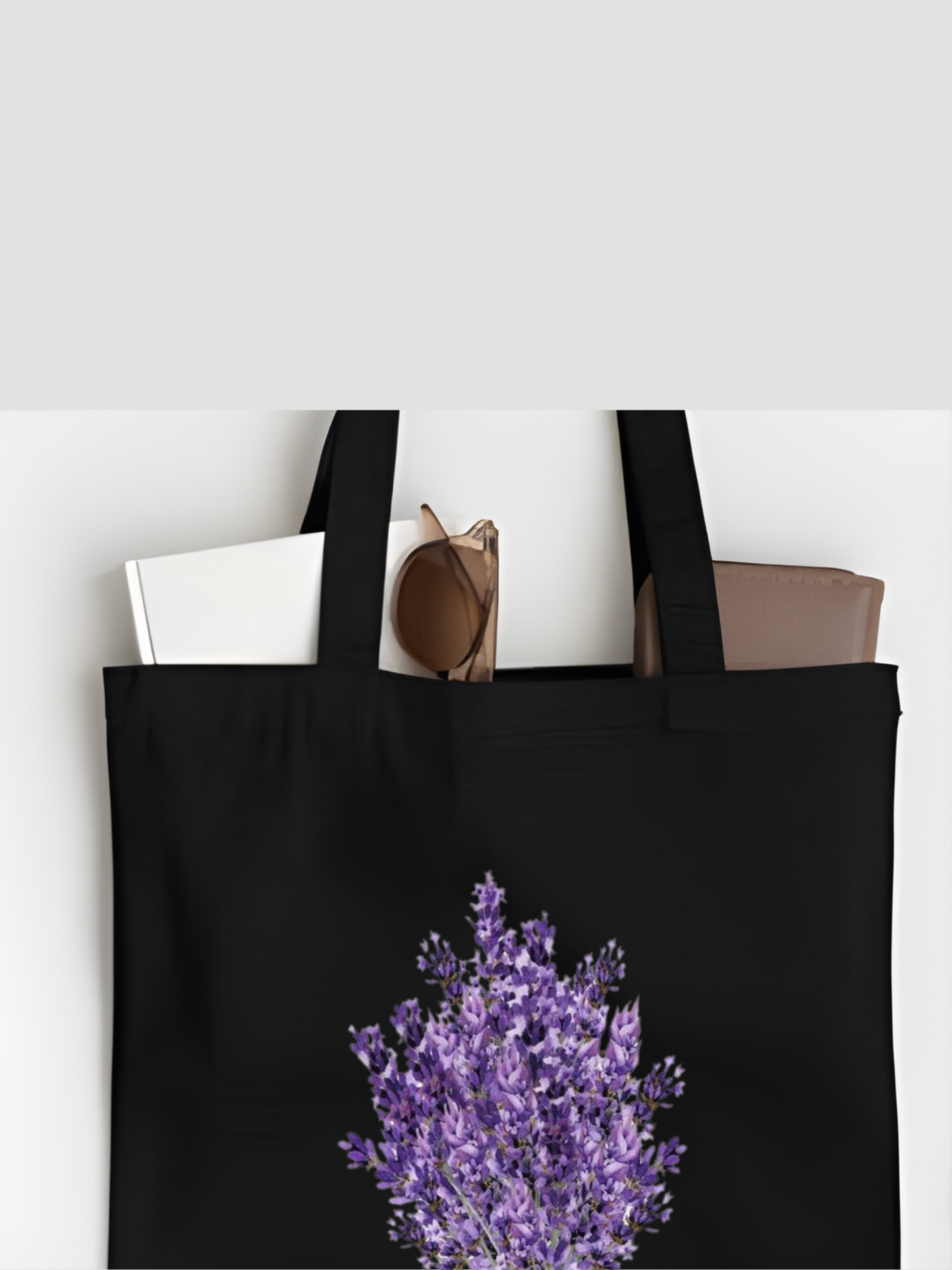 Siyah Kanvas Kalın Lavanta Tasarım Lavender, Tote Bag, Bez Çanta, Kanvas Çanta, Shopper Bag