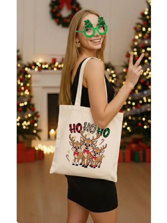 Ho Ho Ho ren geyiği aile temalı yılbaşı bez omuz çantası