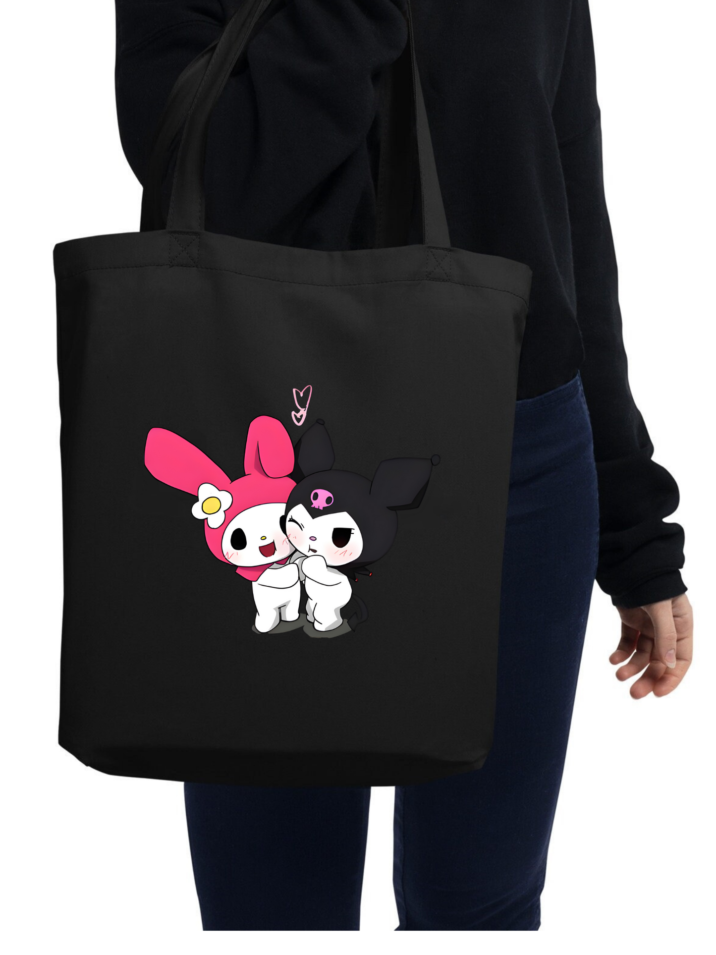 Kuromi ve Melody Tote bag, Bez Çanta, Siyah Kanvas, Kitap Çantası, Okul Çantası