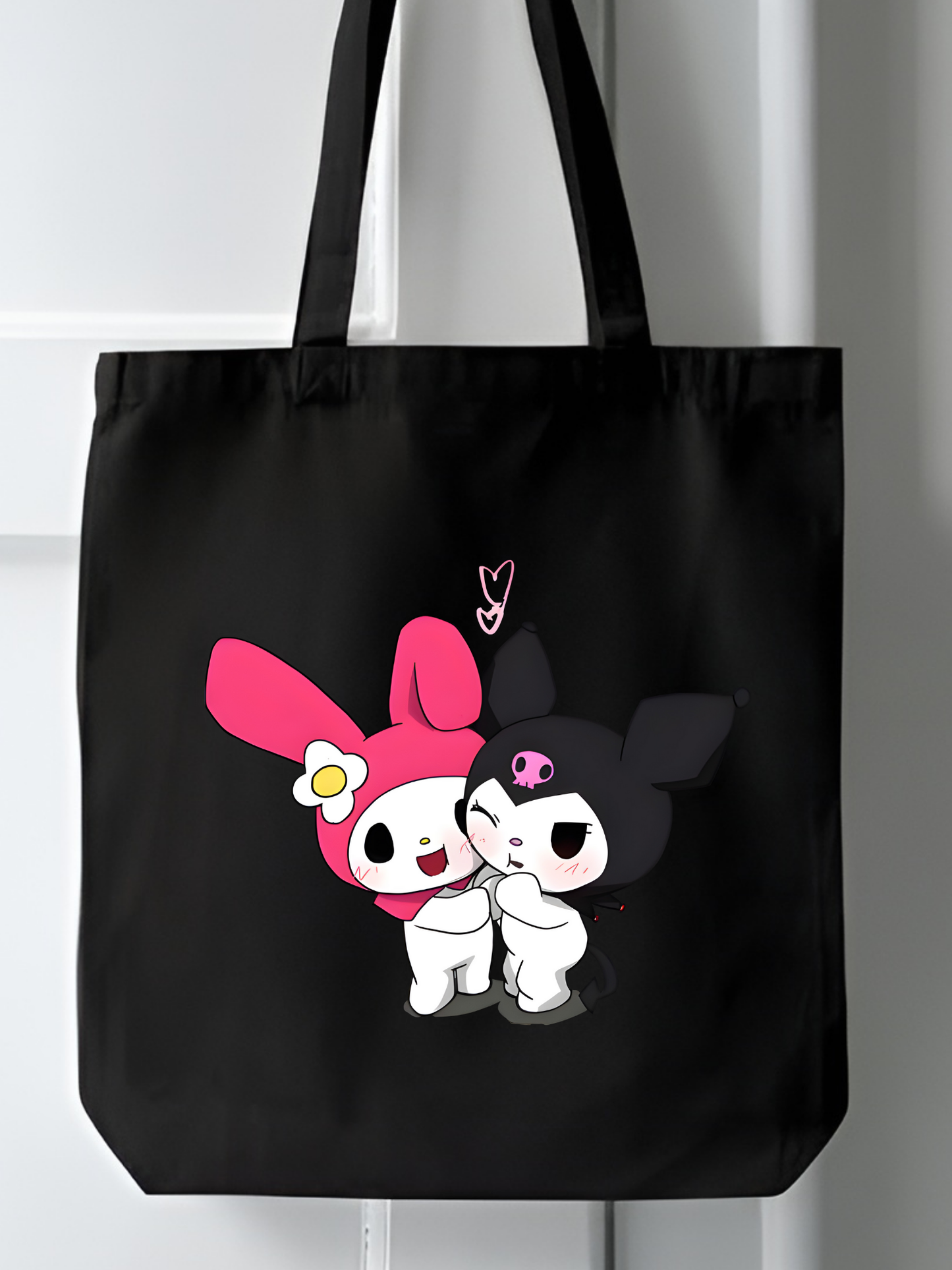 Kuromi ve Melody Tote bag, Bez Çanta, Siyah Kanvas, Kitap Çantası, Okul Çantası