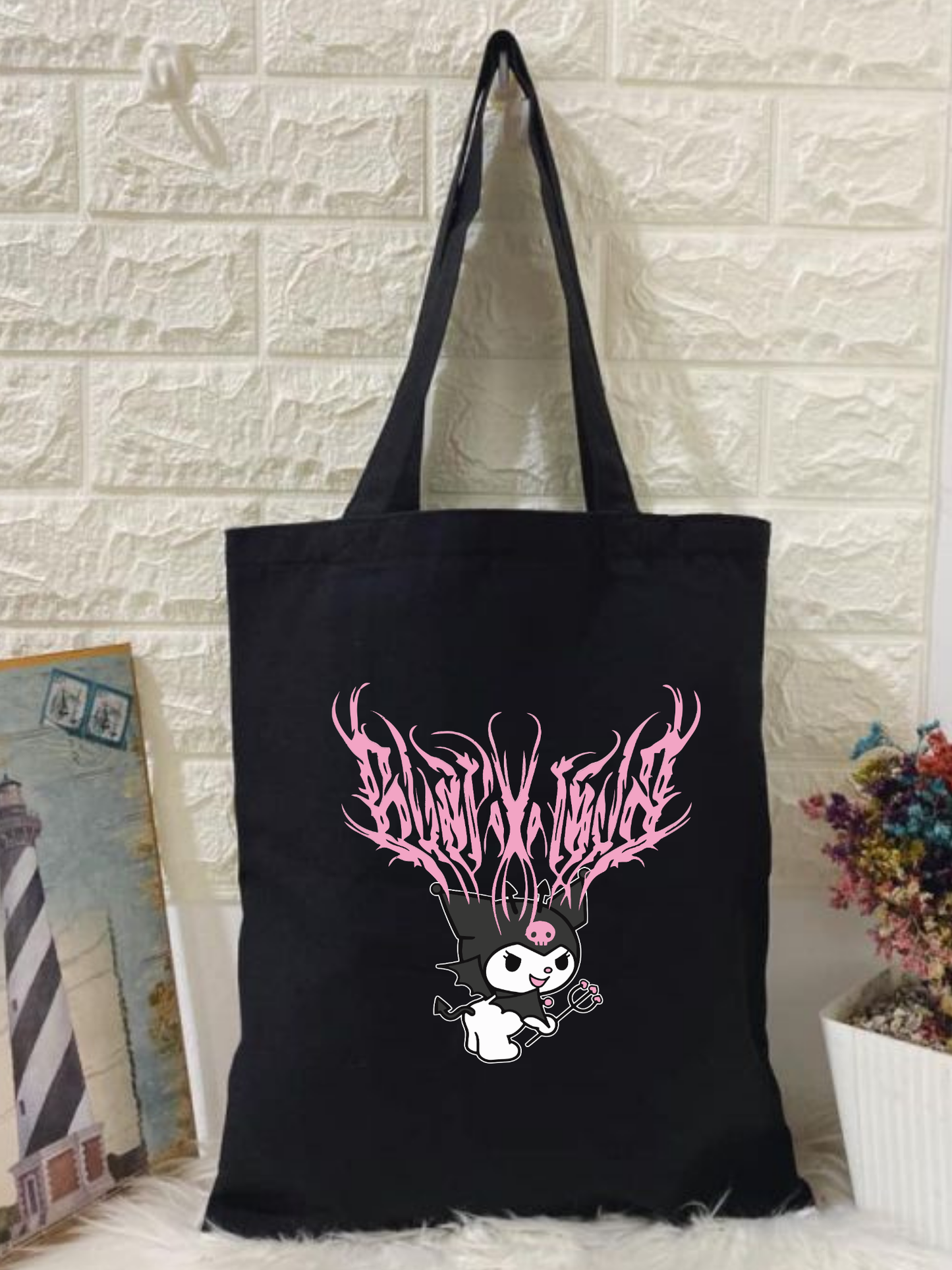 Kuromi Tasarım Tote bag, Bez Çanta, Siyah Kanvas Kitap Çantası, Okul Çantası, Kore Çanta