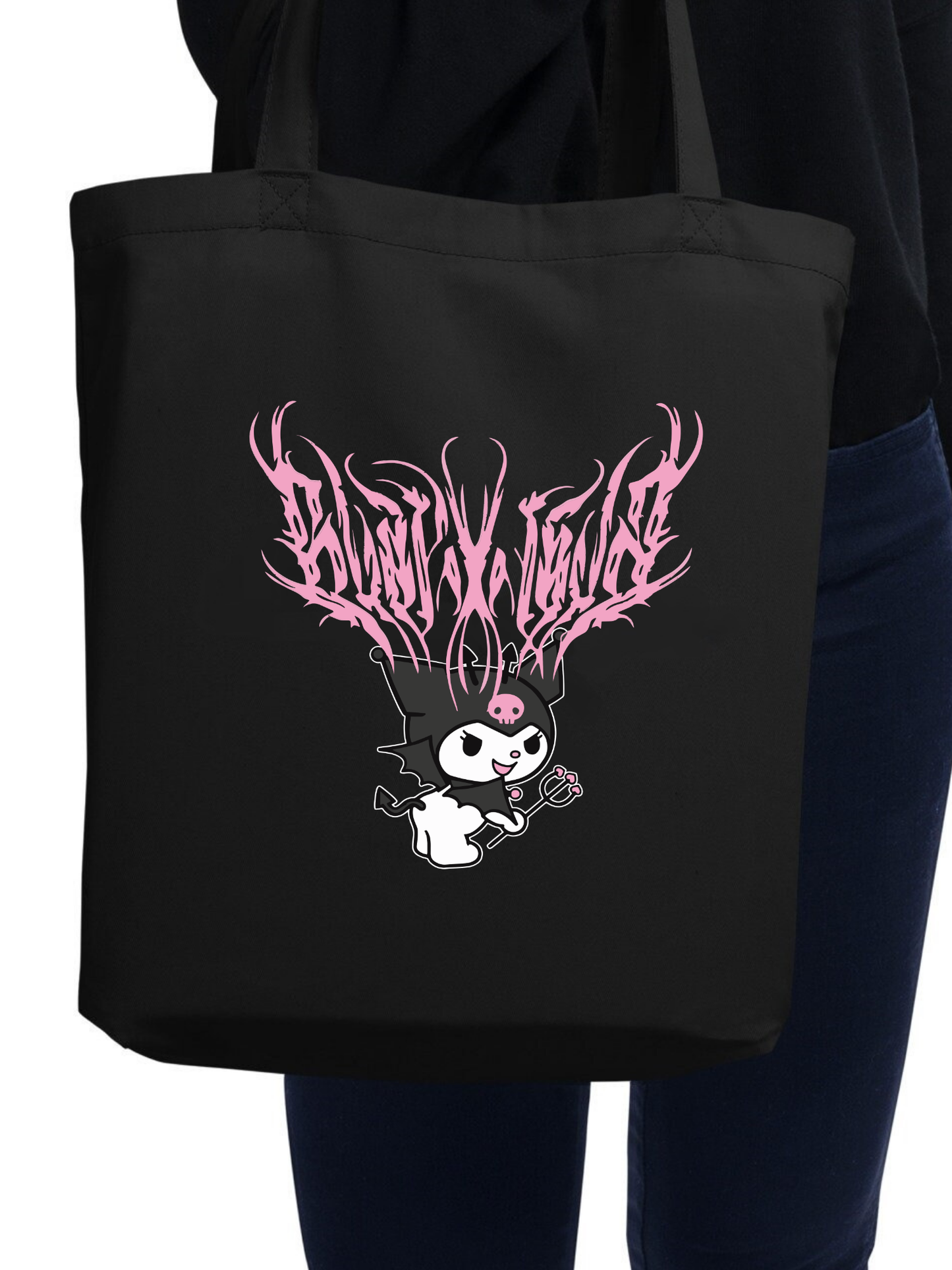 Kuromi Tasarım Tote bag, Bez Çanta, Siyah Kanvas Kitap Çantası, Okul Çantası, Kore Çanta