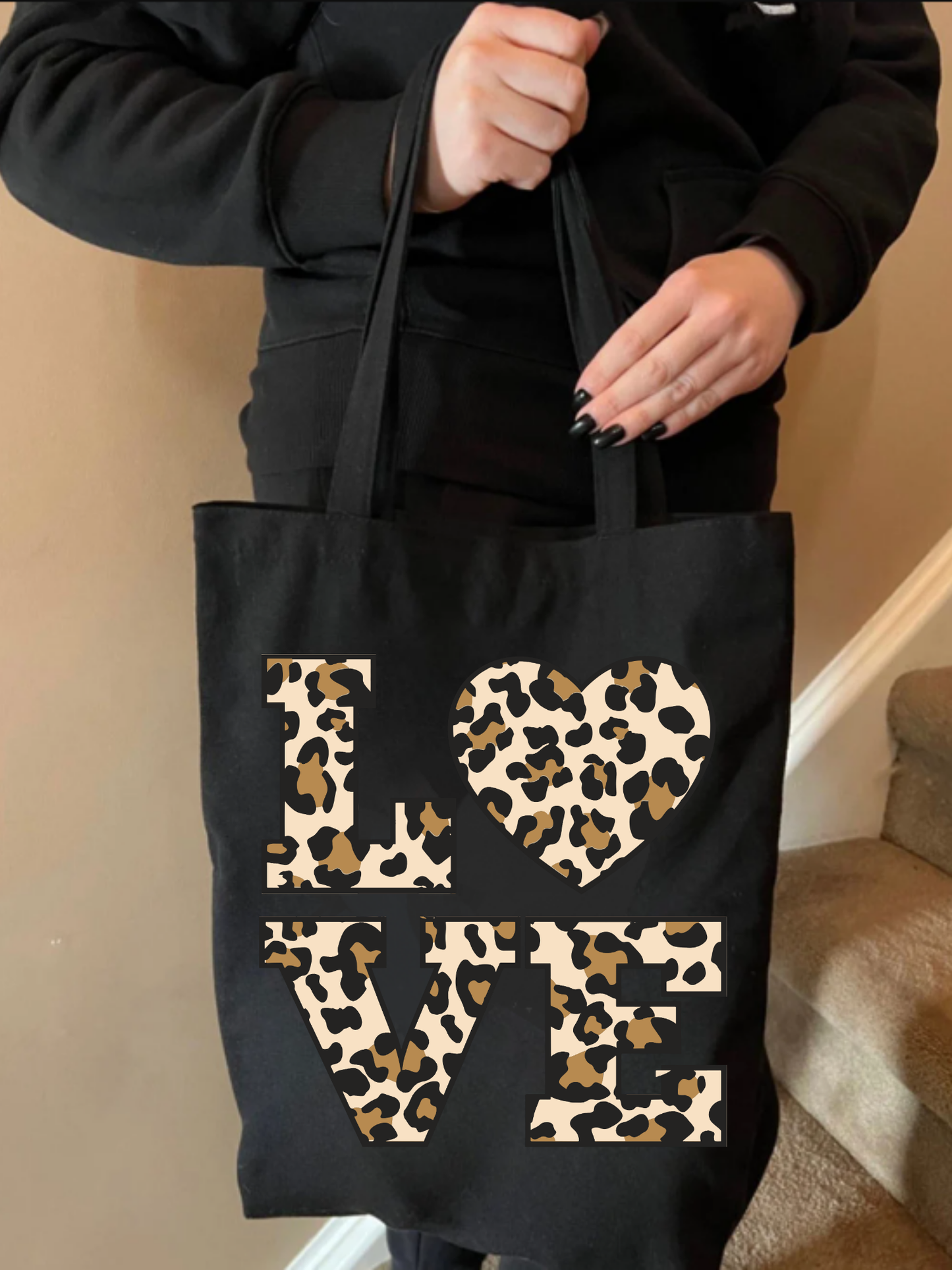 Leopar Love Siyah Kanvas Kalın Tote Bag, Shopper Bag, Omuz Çantası, Leopar Çanta