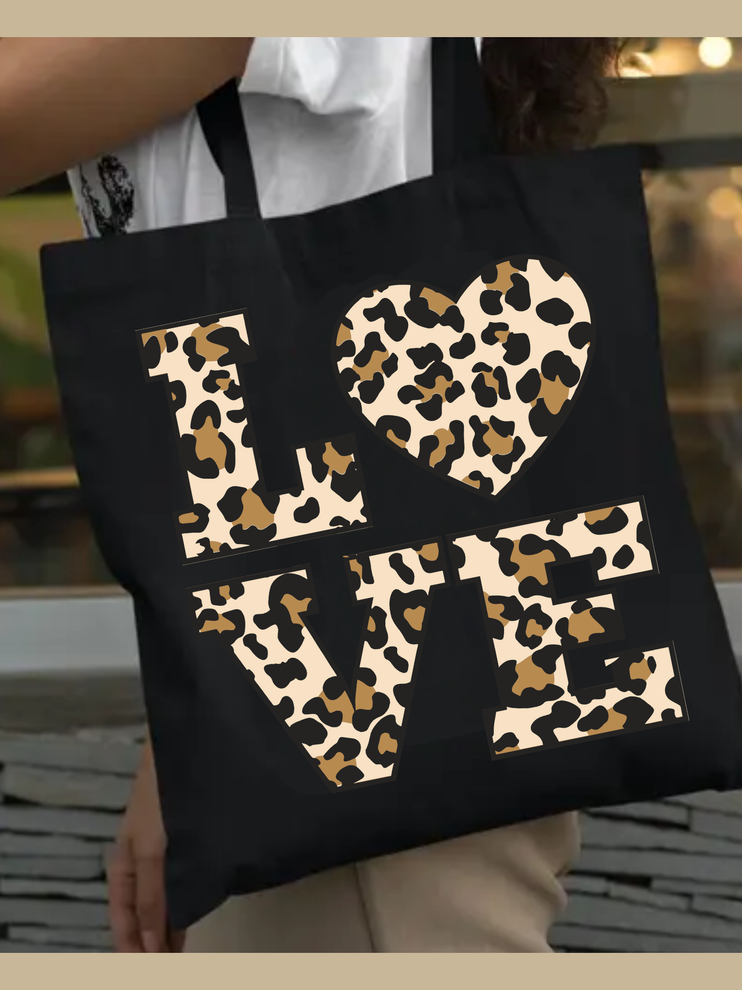 Leopar Love Siyah Kanvas Kalın Tote Bag, Shopper Bag, Omuz Çantası, Leopar Çanta