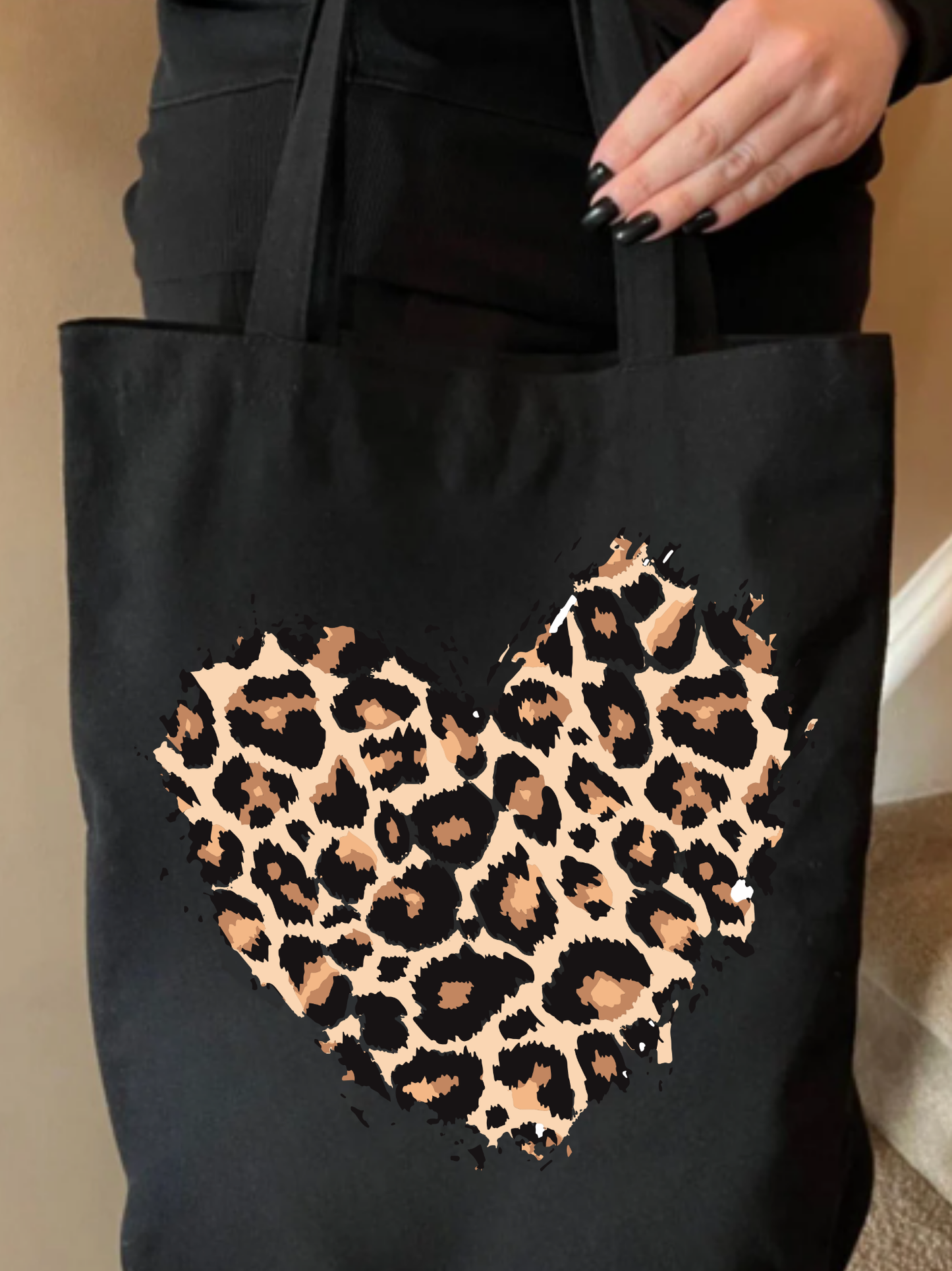 Leopar Siyah Kanvas Kalın Tote Bag, Shopper Bag, Omuz Çantası, Leopar Çanta