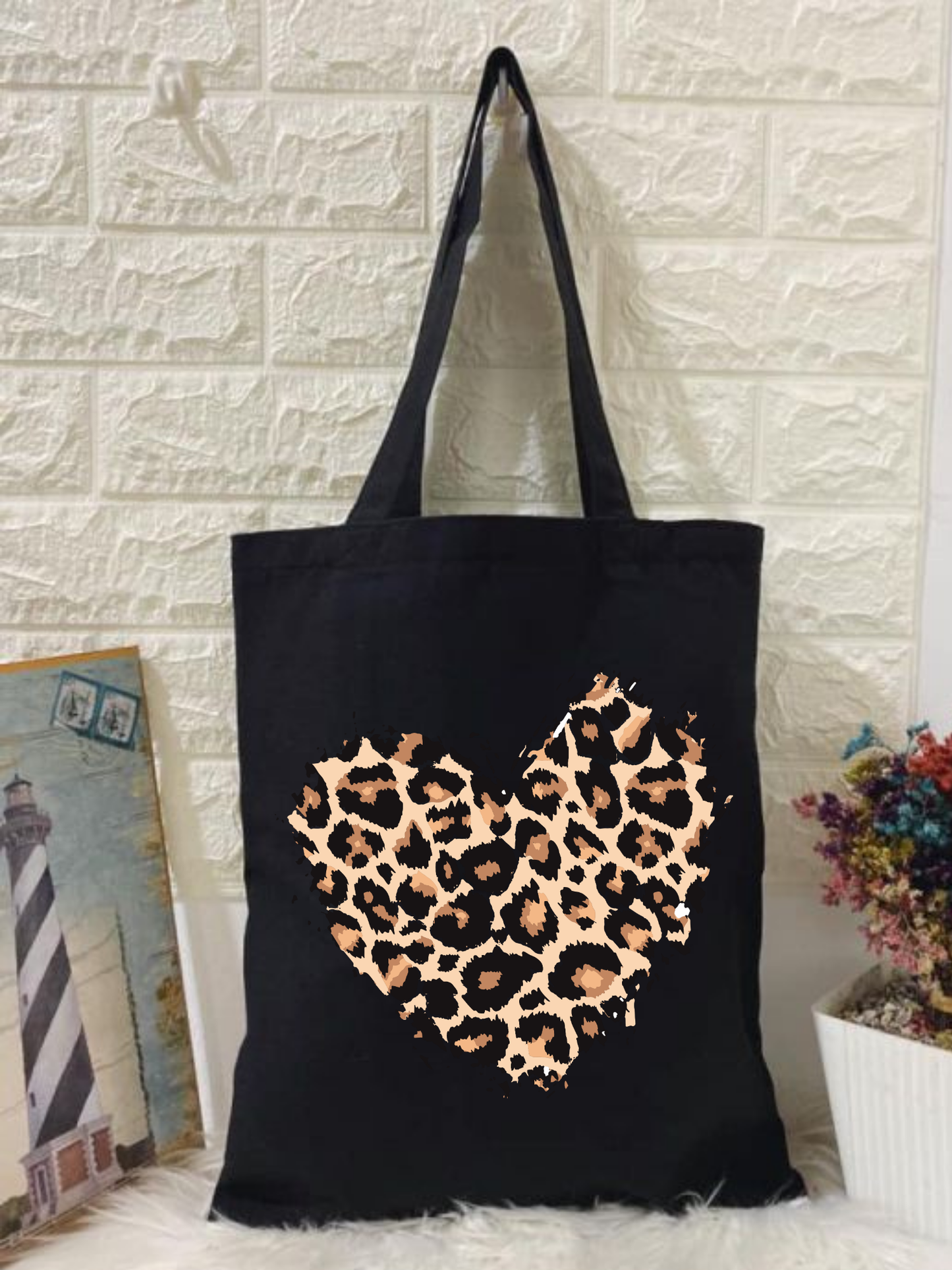 Leopar Siyah Kanvas Kalın Tote Bag, Shopper Bag, Omuz Çantası, Leopar Çanta