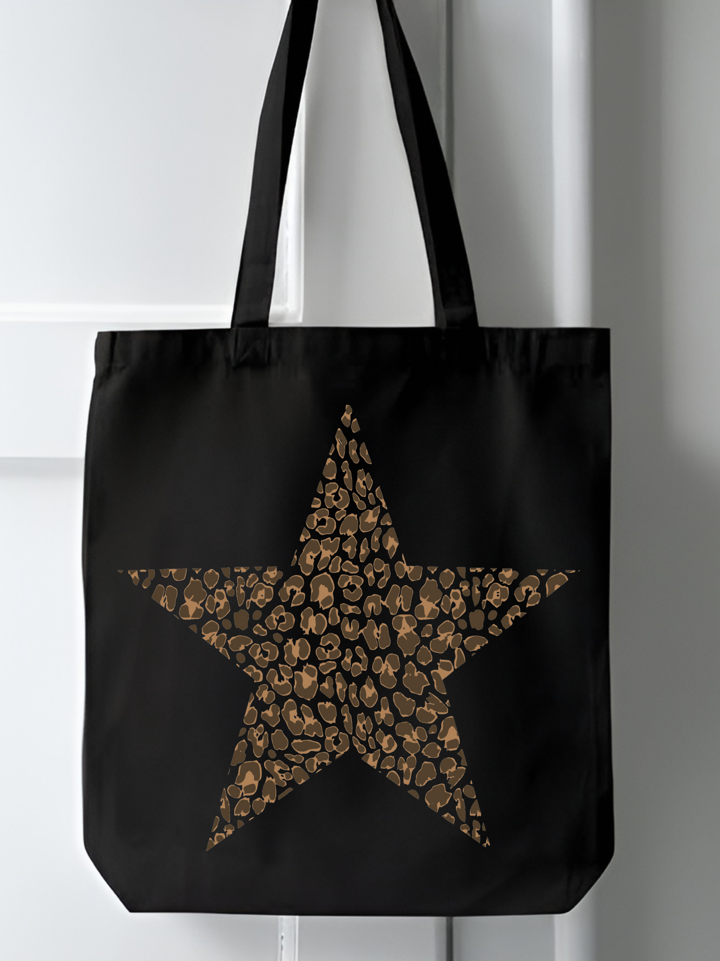 Leopar Star Siyah Kanvas Kalın Tote Bag, Shopper Bag, Omuz Çantası, Leopar Çanta