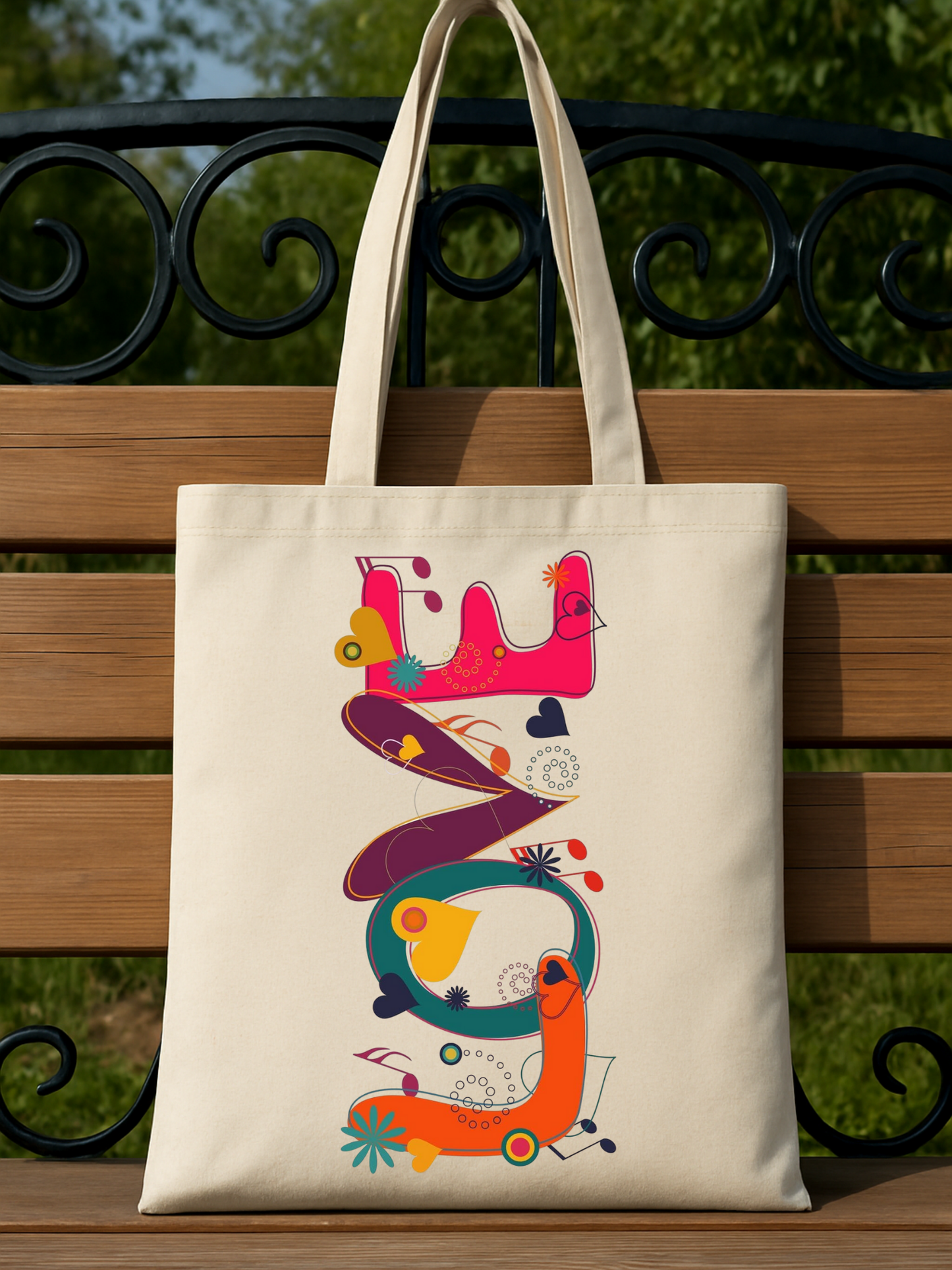 Love Music tasarımlı %100 pamuk ham bez çanta. 35x40 cm dayanıklı, çevre dostu, günlük kullanım ve hediye için ideal tote bag modeli.