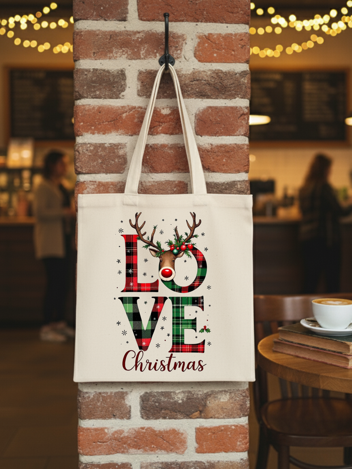 LOVE Christmas ren geyiği baskılı yılbaşı temalı bez omuz çantası