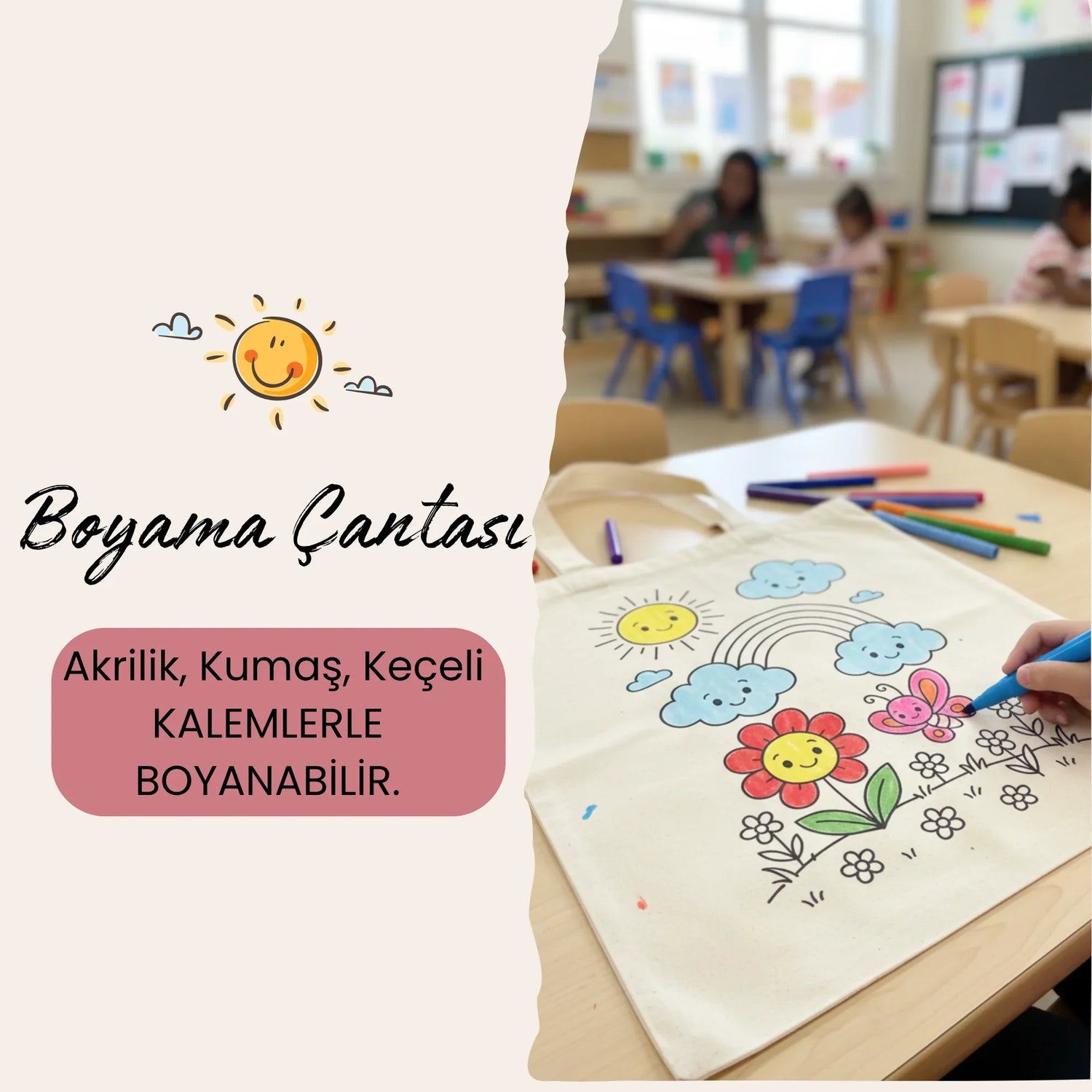 boyanabilir çanta – Akrilik, kumaş ve keçeli kalemlerle boyanabilir.