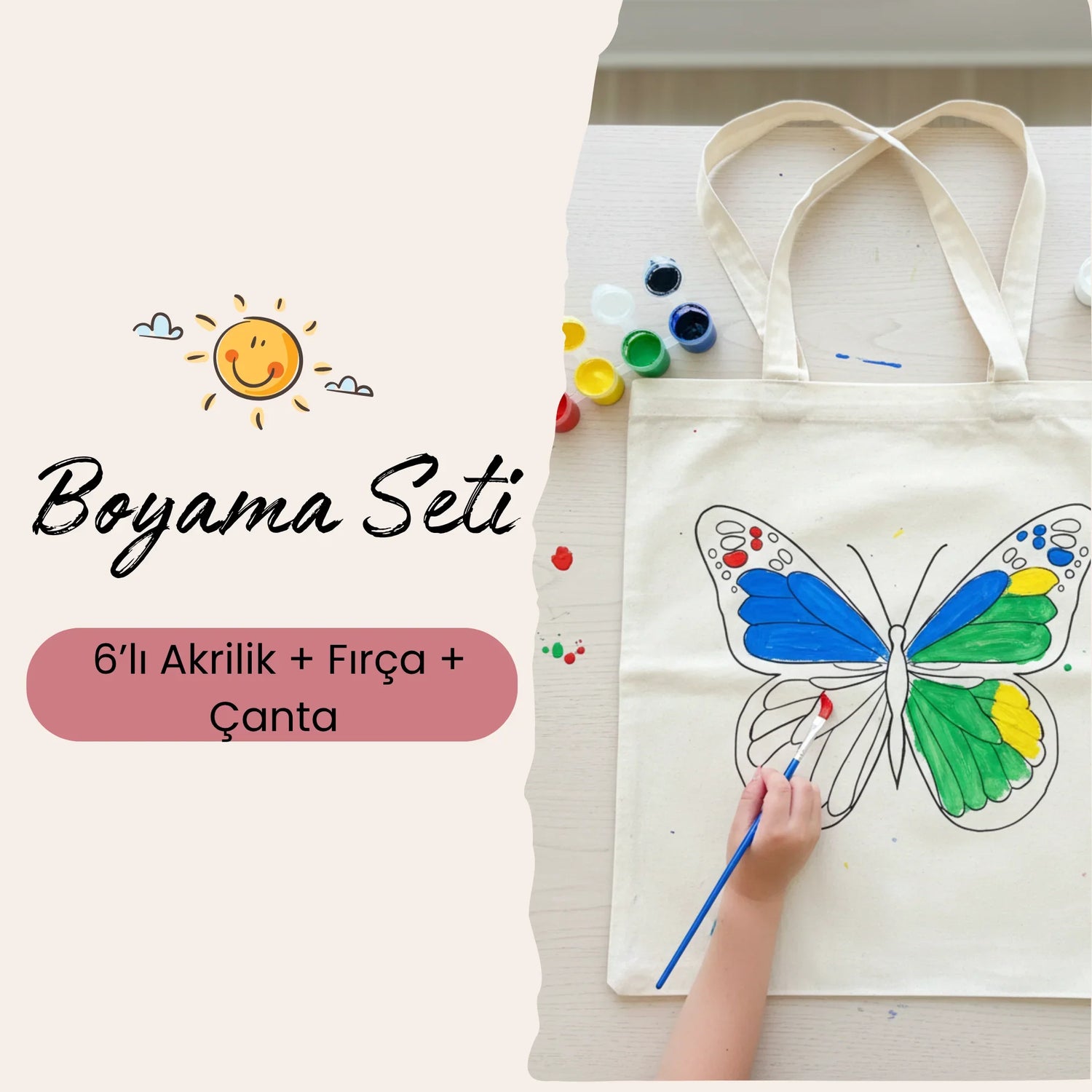 Cemira boyama seti – 6’lı akrilik boya, fırça ve boyanabilir bez çanta