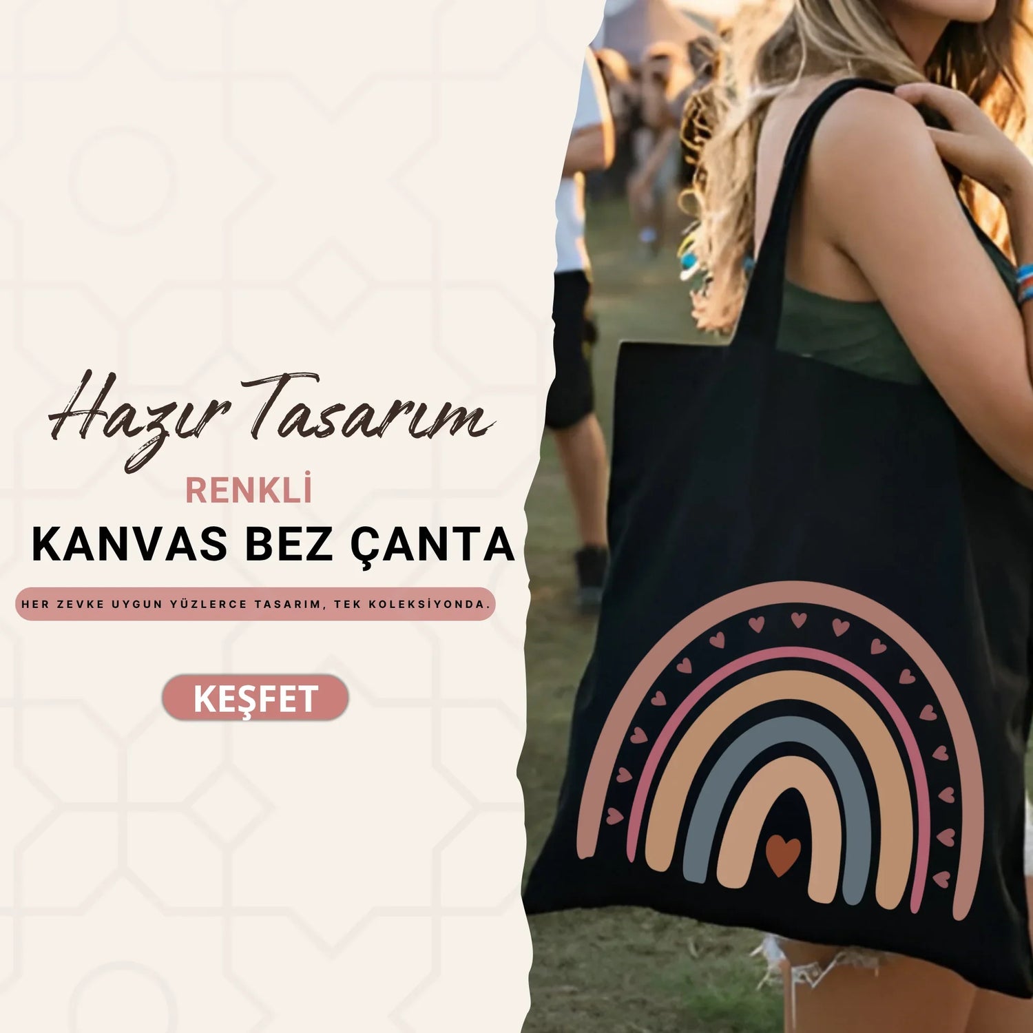 Renkli gökkuşağı desenli siyah kanvas bez çanta – Cemira tasarımı