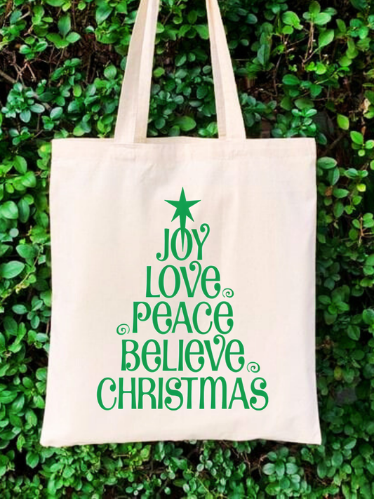 Joy Love Peace Believe Christmas Ham Bez Çanta tasarımlı ham bez çanta minimalist pinterest modeli