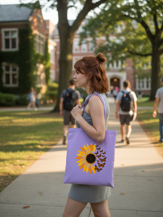 Papatya ve Kelebek Lila Kanvas Bez Çanta