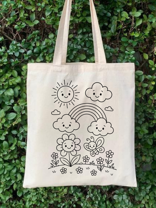 Çiçekli Boyama Çantasi Anaokulu Çocuk Etkinlik Boyama krem kanvas çanta %100 pamuk 35x40 cm tote bag