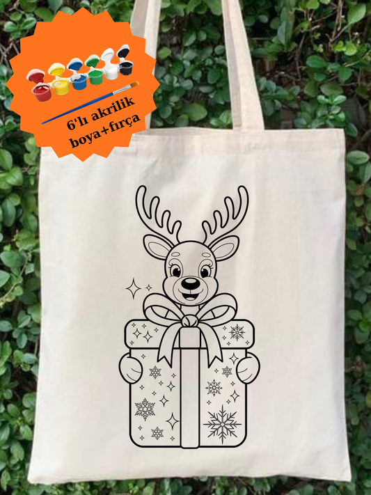 Yılbaşı Geyikli Boyama Seti – 6’lı Akrilik Boya + Fırça + Çanta