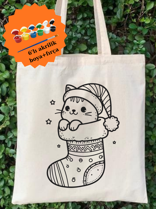 Yılbaşı Çorapta Kedi Boyama Çanta Boyanabilir Ham Bez Çanta