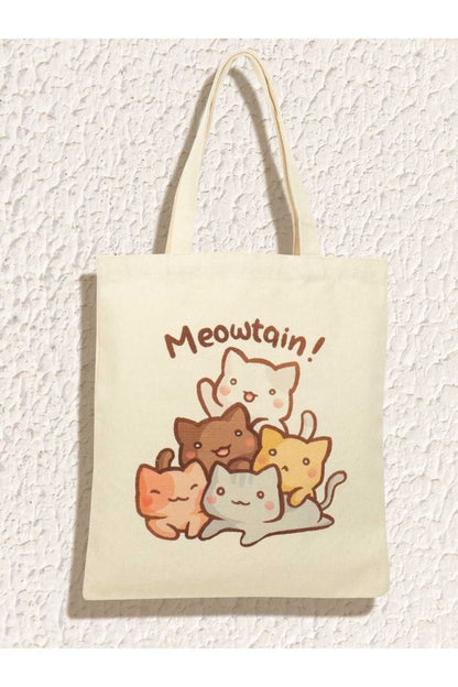 Meowtain Kedi Tasarım Meow Cat Ham Bez Tote Bag, Bez Çanta