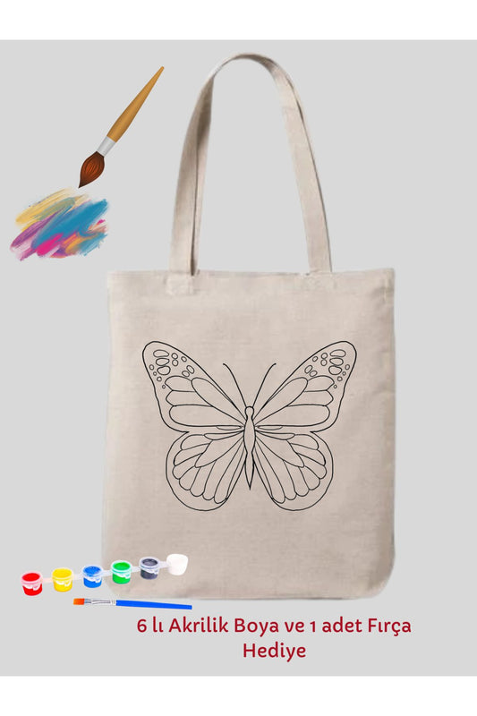 Mandala Kelebek Boyama Çantası Hobi 35*40 Cm Ham Bez Çanta Boyama