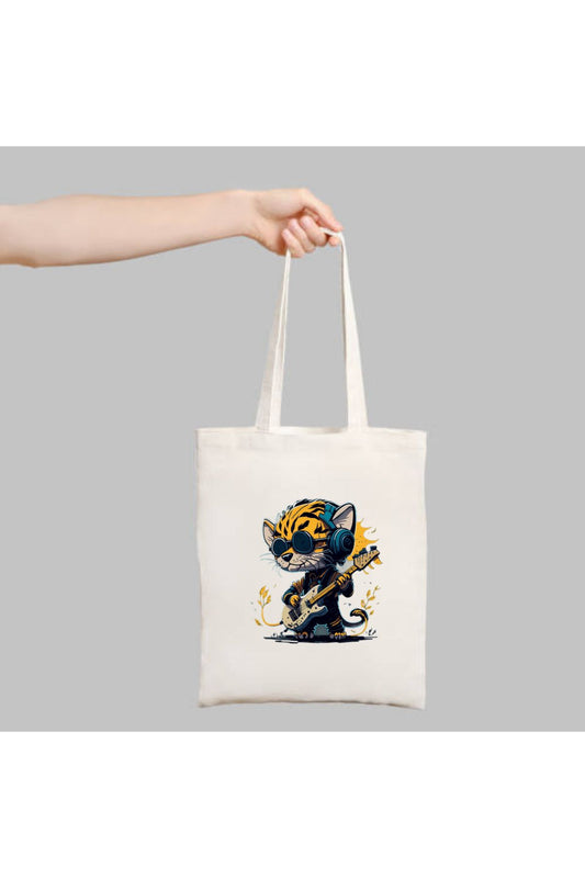 Musician Tiger, Gitar Çalan Kaplan Tote Bag Bez Çanta