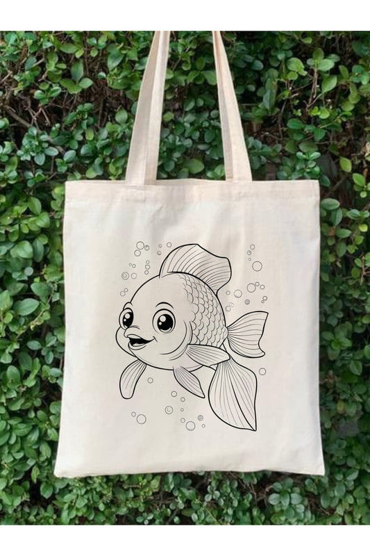Balik Boyama Çantasi Anaokulu Çocuk Etkinlik Boyama krem kanvas çanta %100 pamuk 35x40 cm tote bag