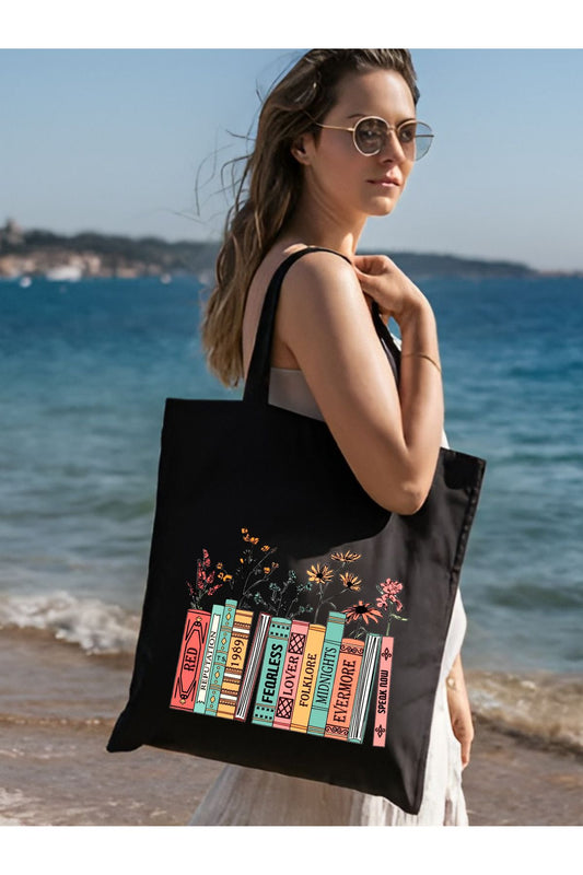 Taylor Swift Book Album Kitap Tasarım, Siyah , Kanvas Tote Bag, Bez Çanta, Kanvas Çanta