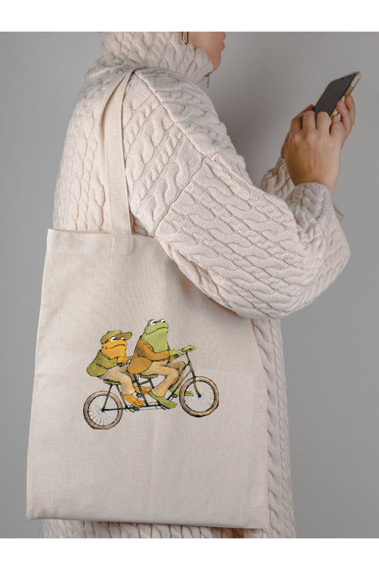 Frog and toad, Kurbağa Tasarım Tote Bag, Ham Bez Çanta