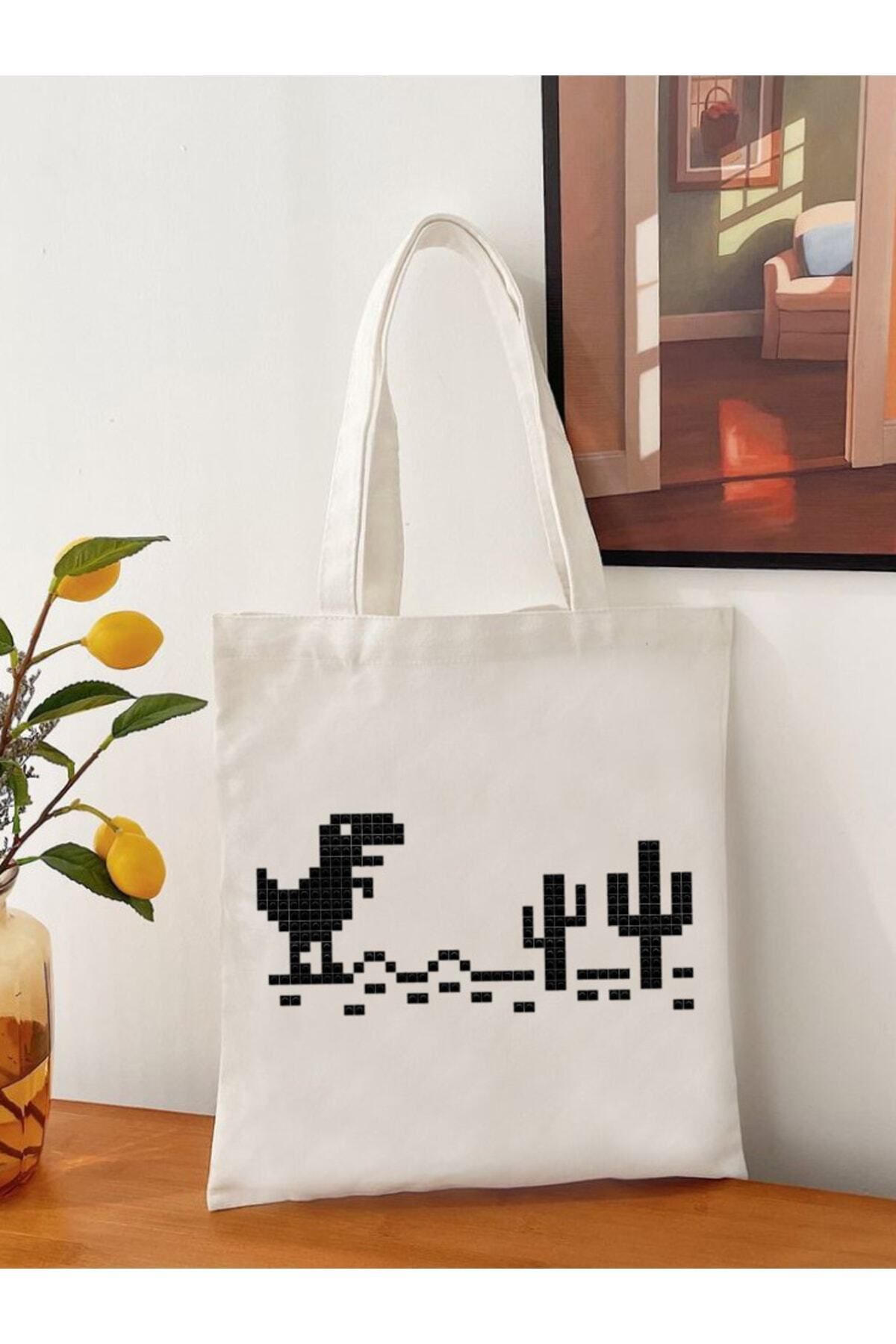 T-rex Game Pixel Tasarım Tote Bag Bez Çanta